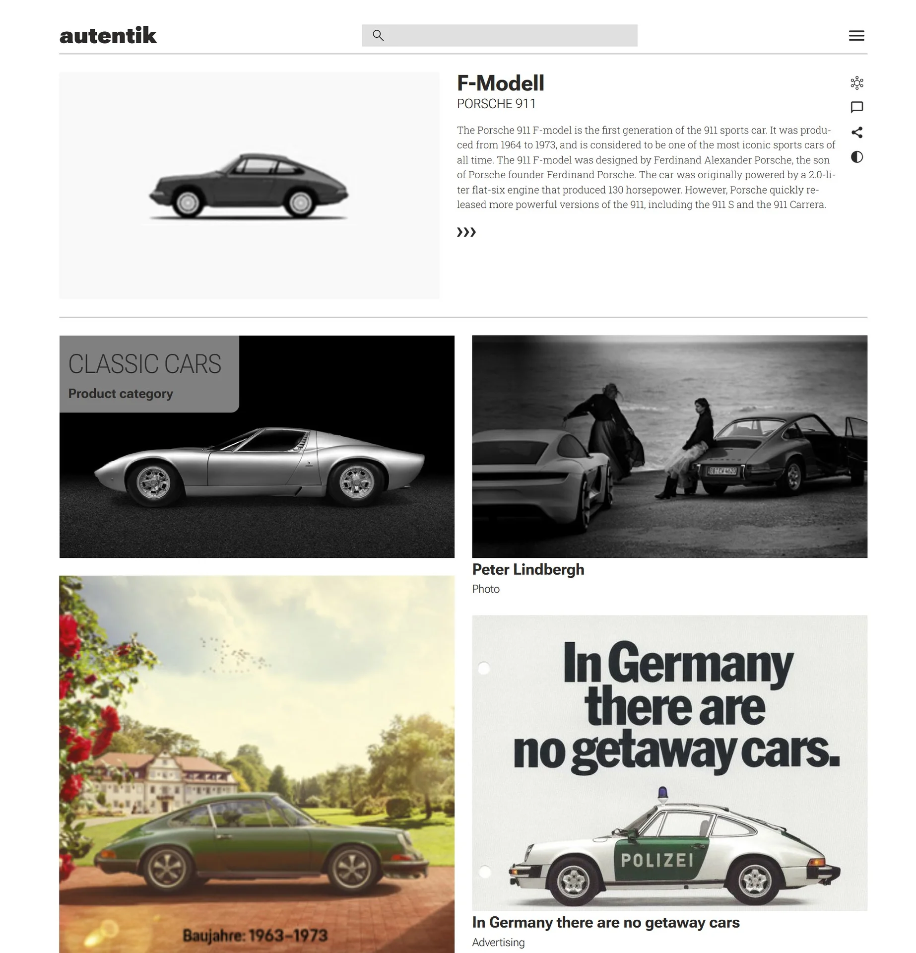Objektseite zum Porsche 911 F-Modell mit verknüpften Fotos, Werbeanzeigen und Kategorien