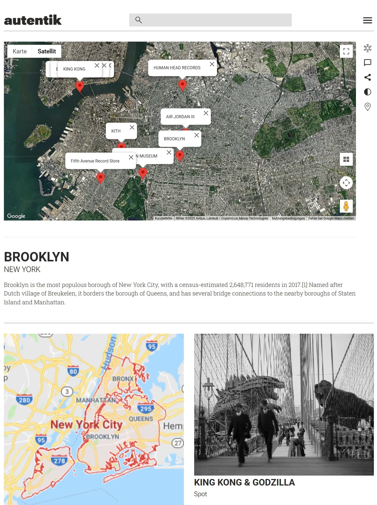 Seite zu Brooklyn mit Satellitenkarte, Stadtplan und verknüpften Orten