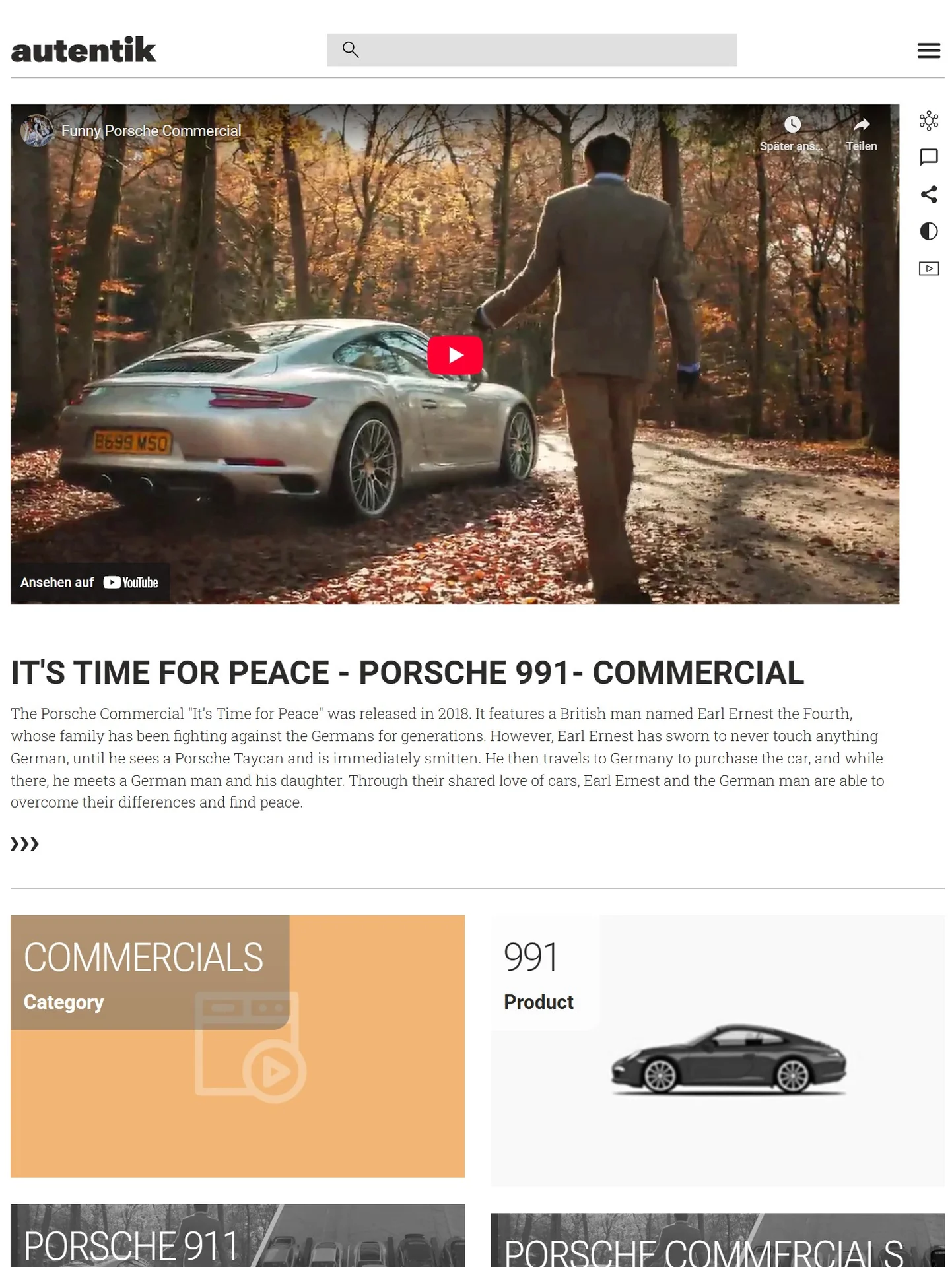 Seite zu einem Porsche-Werbefilm mit eingebettetem Video und verknüpften Kategorien