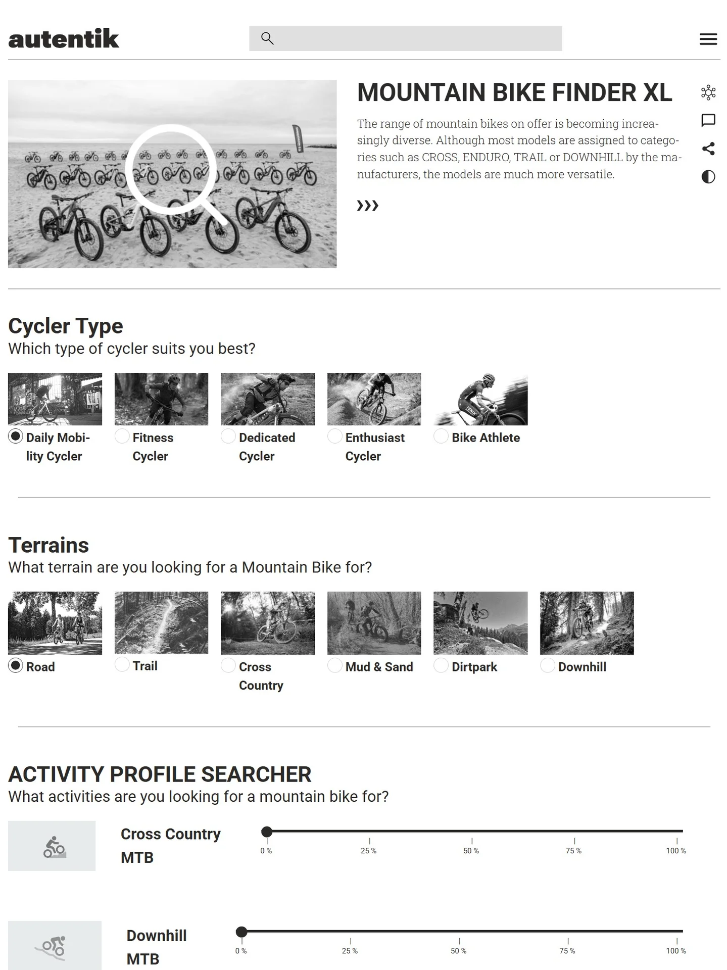 Mountainbike-Finder mit Fragen zu Fahrertyp, Gelände und Einsatzbereich