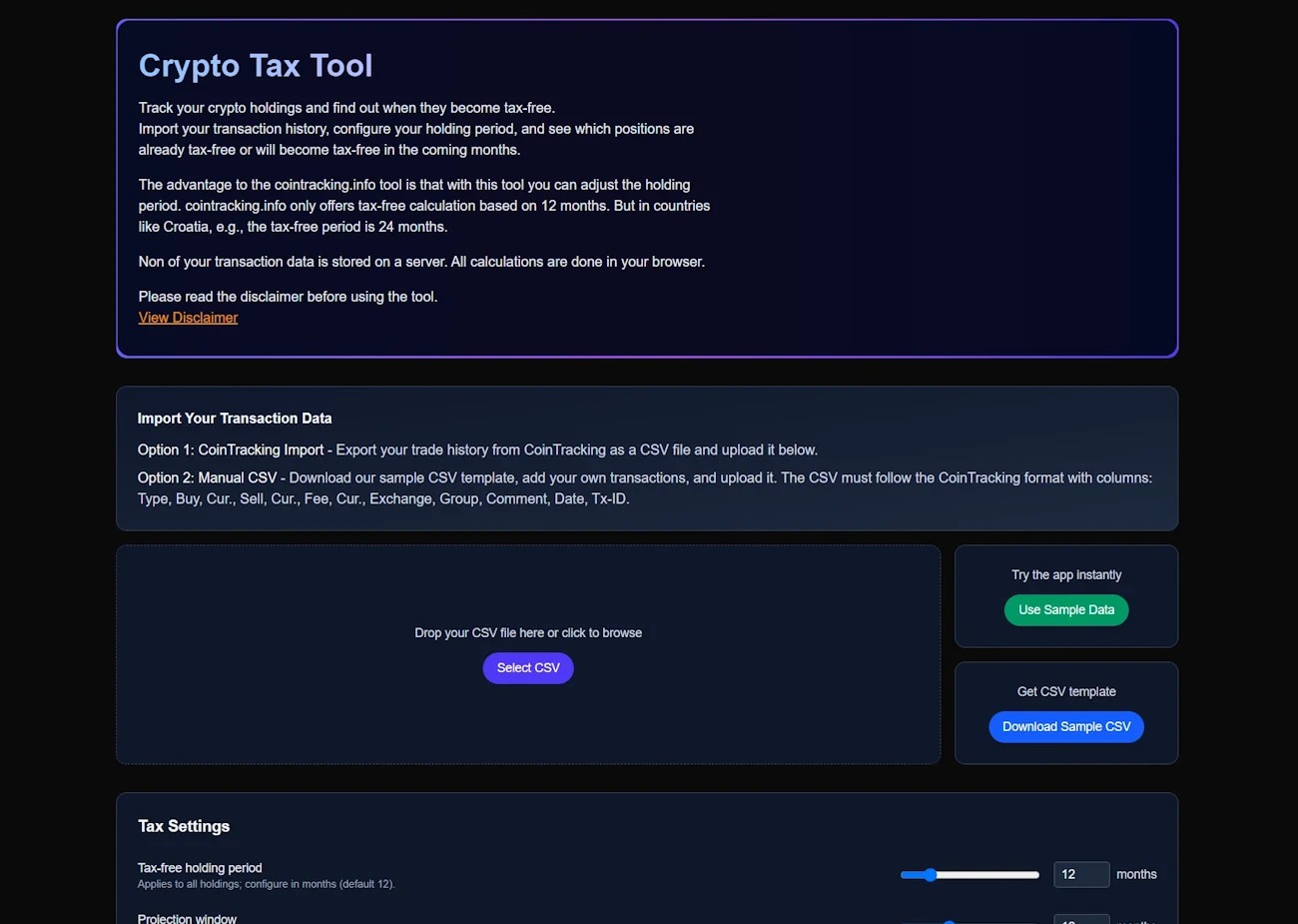 Startseite des Crypto Tax Tools mit Erklärung, CSV-Import und Einstellung der Haltefrist
