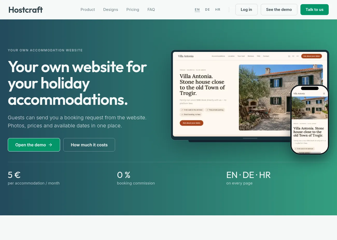 hostcraft.rentals homepage with a preview of a host website