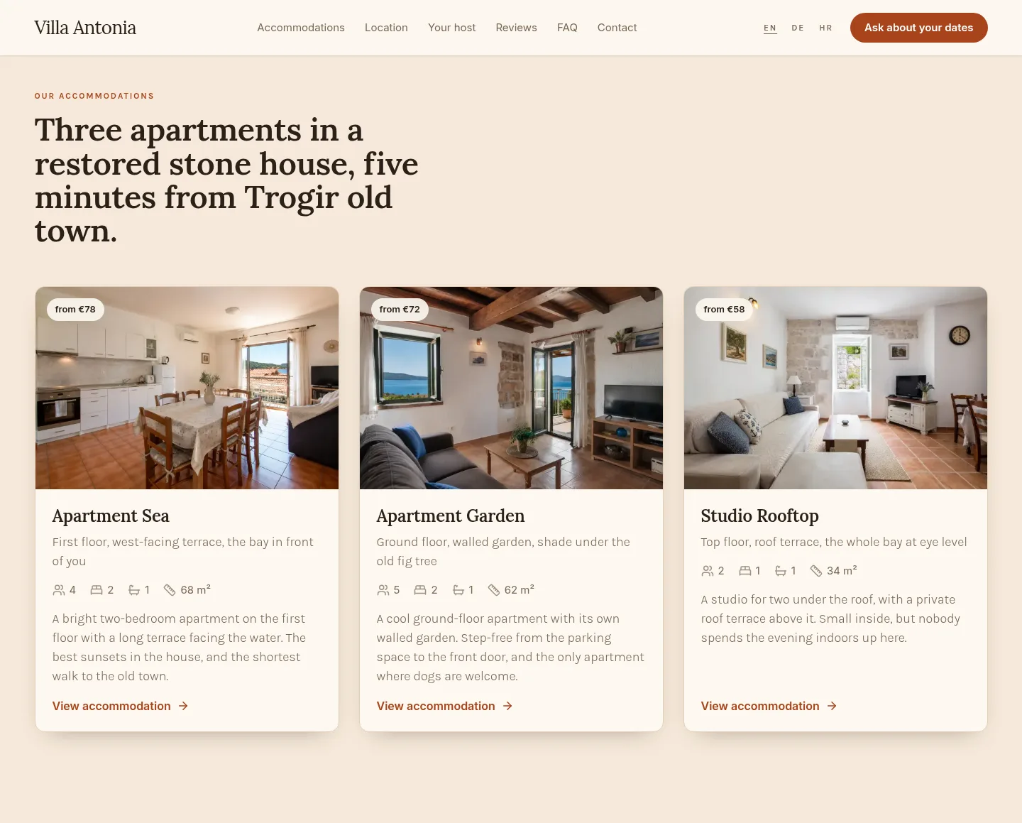 Overview of the three apartments at Villa Antonia