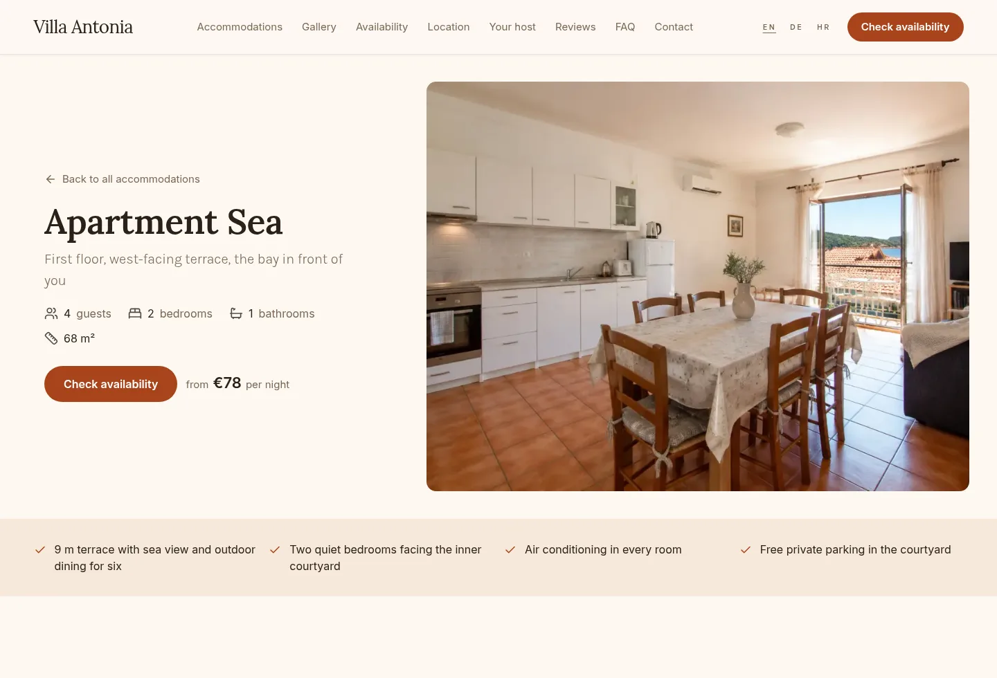 Apartment page with amenities and price per night