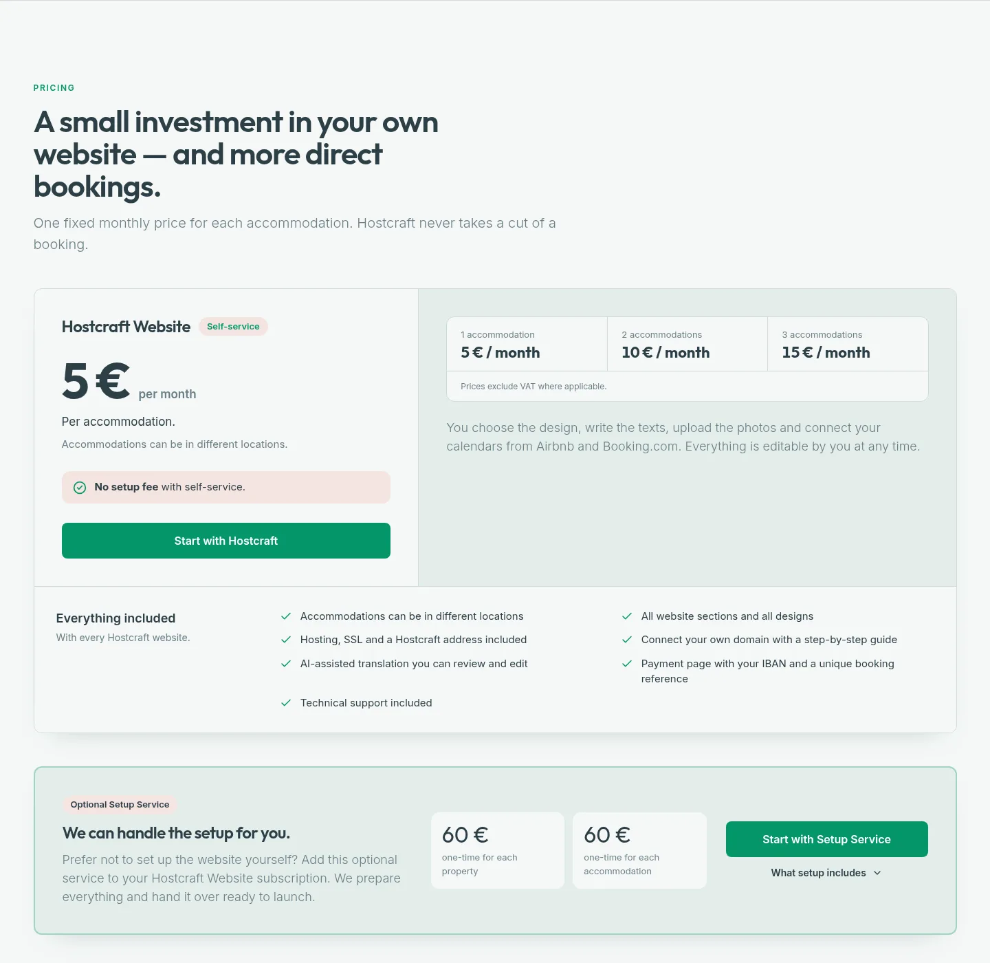 Hostcraft pricing with a monthly price per accommodation and an optional setup service