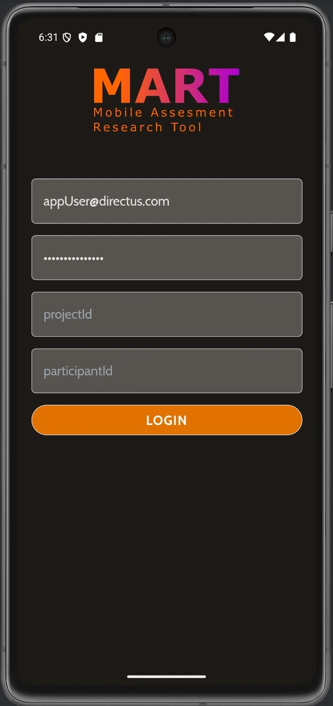 Anmeldeseite der MART-App im Dark Mode